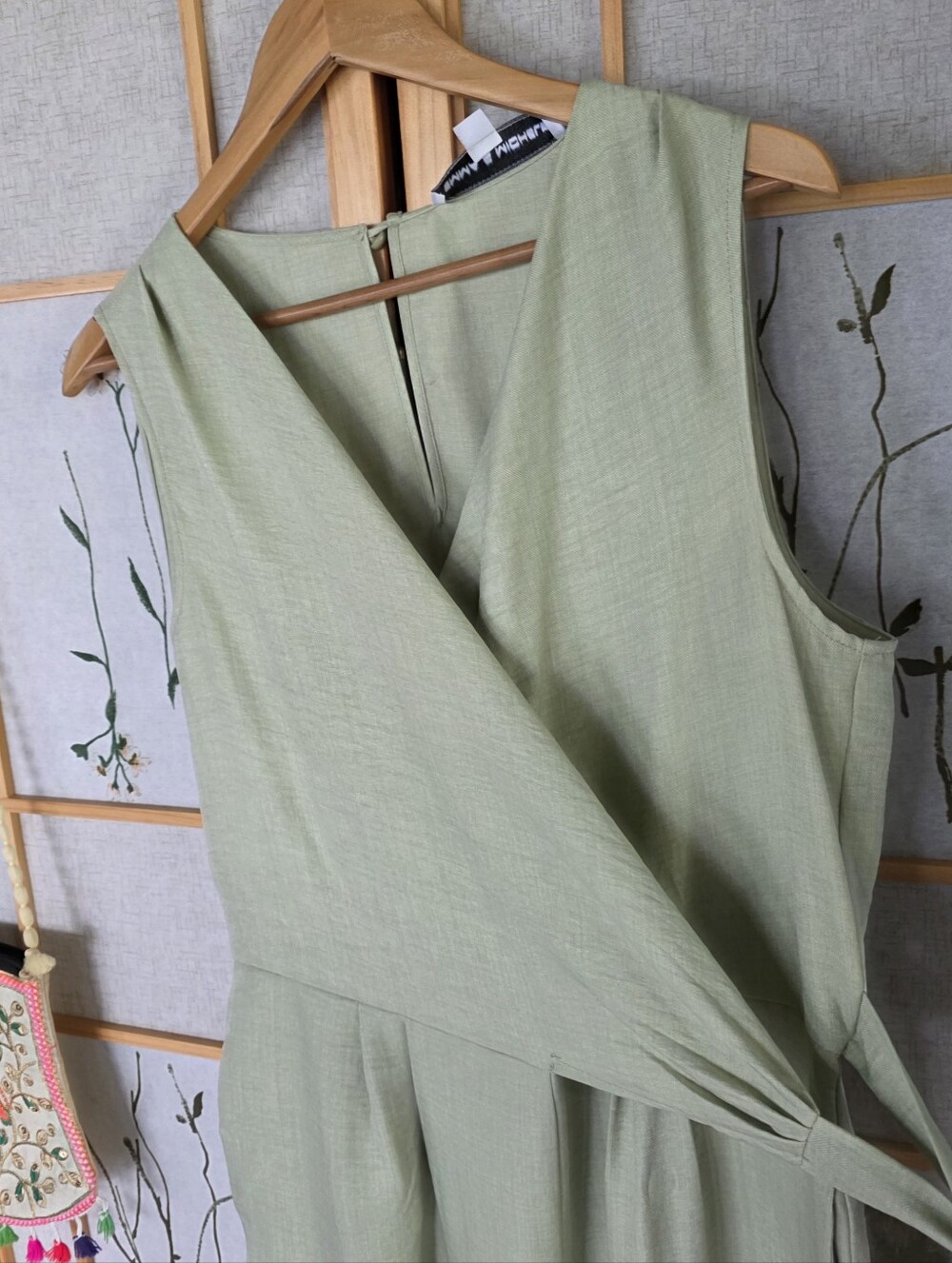 Sage Green Faux Wrap Wide Leg Palazzo Jumpsuit V-Neck Pockets Large Linen Look - Picture 9 of 14